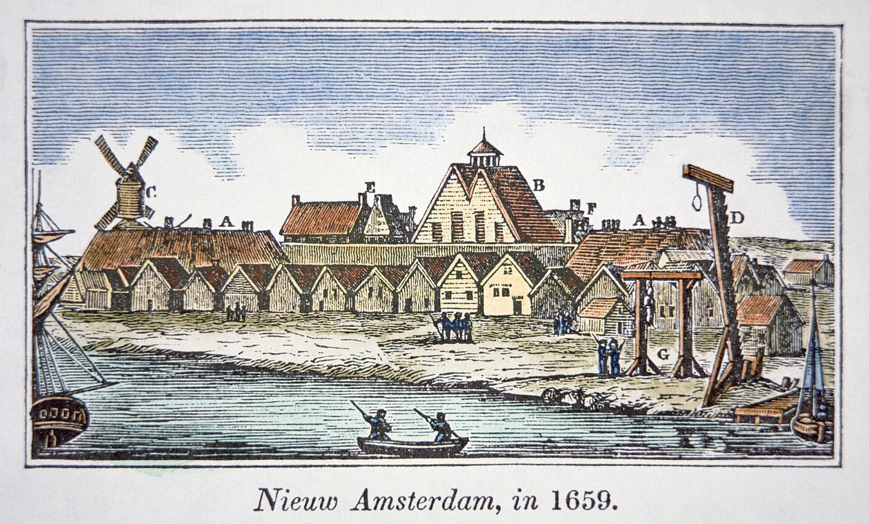 New Amsterdam (senere New York) på Manhattan Island, fra et syn publisert i 1659 (farge litho) av School American