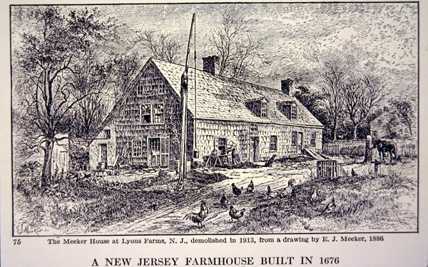 New Jersey gårdshus bygget i 1676, etter en tegning fra 1886 av E. J. Meeker (litho) av School American