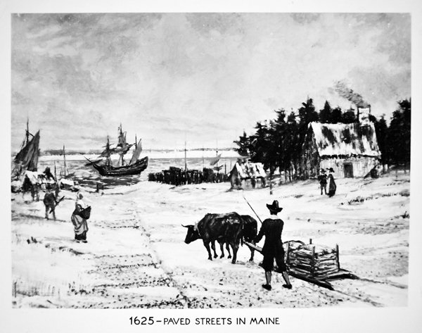Asfalterte gater i Maine i 1625 (litho) av School American