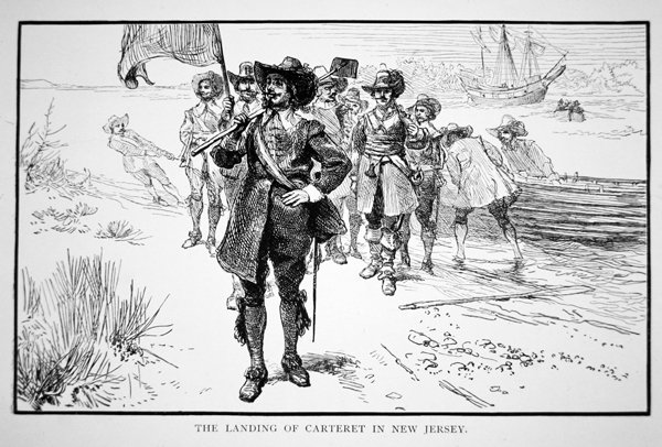 Philip Carteret lander i den tidligere nederlandske kolonien New Jersey i 1664 (litho) av School American