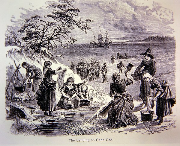 Pilgrim Fathers Land in America i 1620 - Landingen ved Cape Cod som viser kvinner i arbeid (litho) av School American