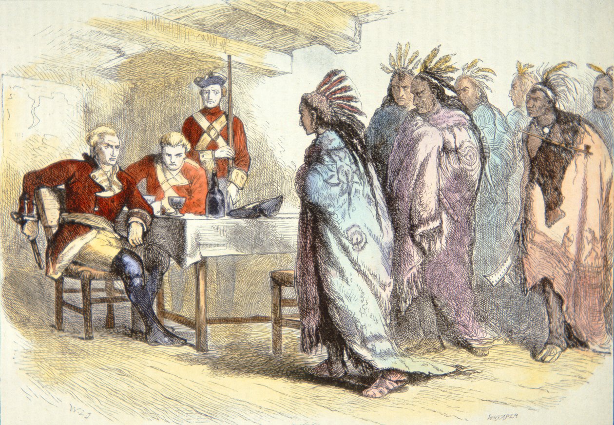 Pontiac besøker major Gladwin i Fort Detroit i 1763 (farge litho) av School American