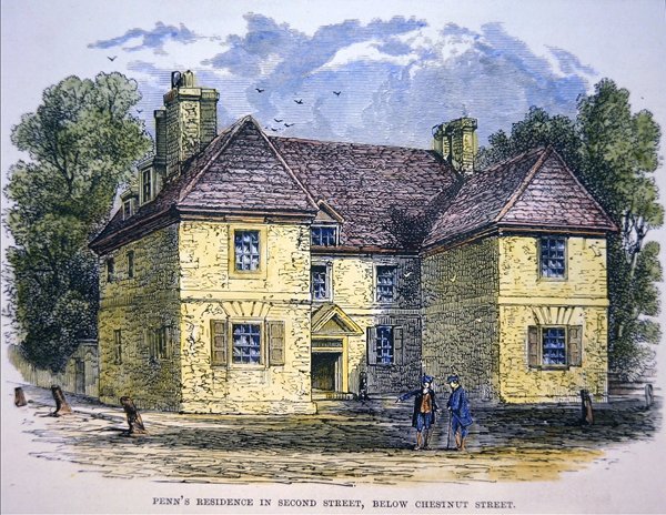 Residence til William Penn i Second Street, nedenfor Chestnut Street, Philadelphia (farge litho) av School American