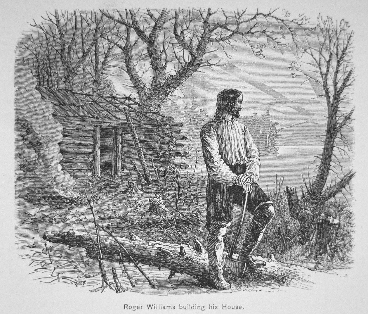 Roger Williams bygger en hytte ved Seekonk River (litho) av School American