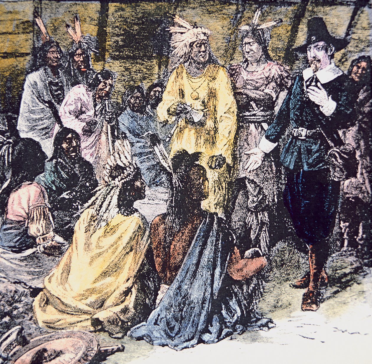 Roger Williams kjøper det nødvendige landet fra Narragansett-indianerne (farge litho) av School American