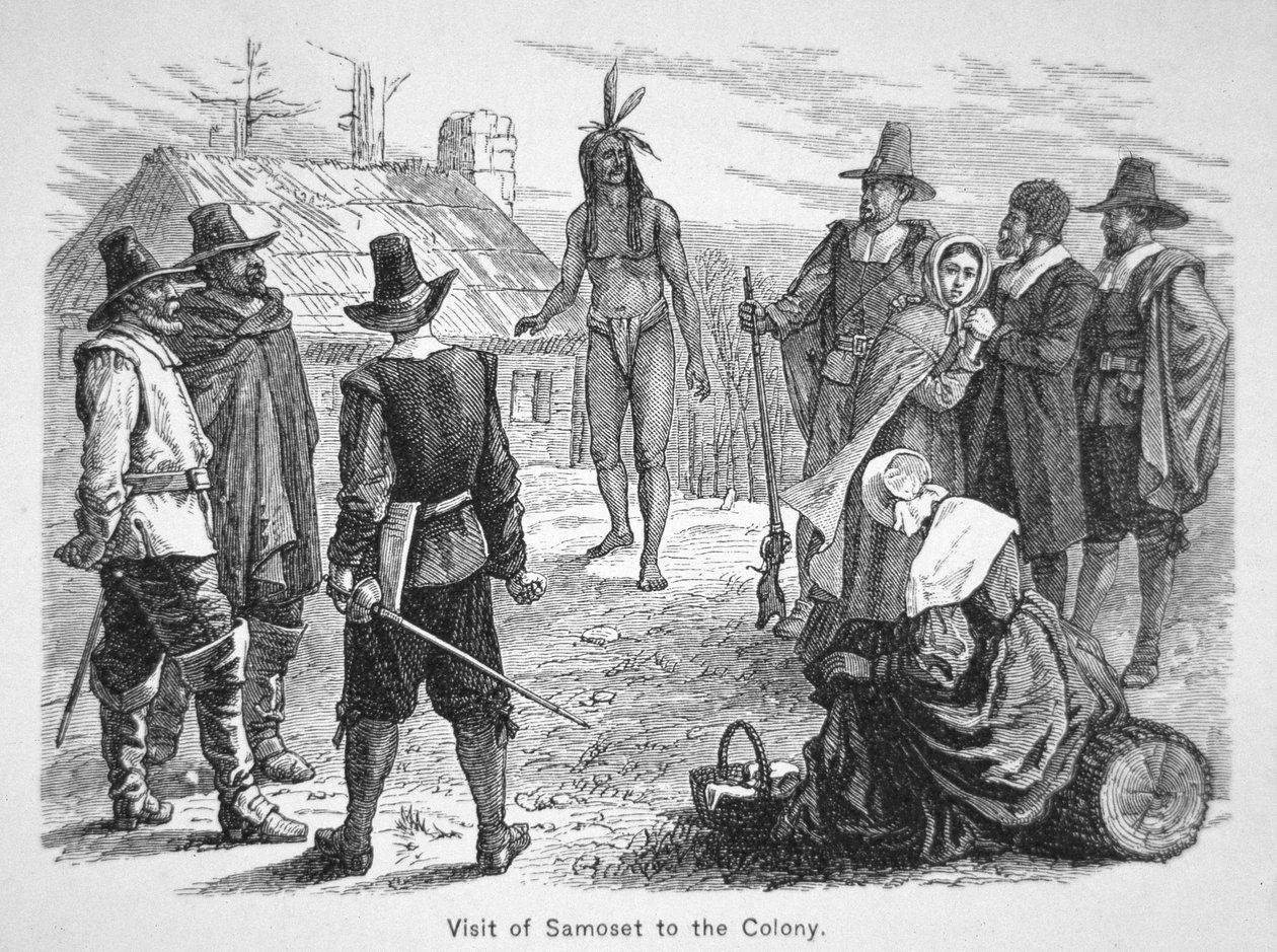 Samoset, sjef for Pemaquids besøker pilgrimsfedrene i 1621 (litho) av School American