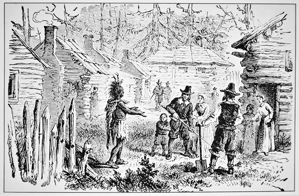 Samoset, sjef for Pemaquids besøker pilgrimsfedrene i 1621 (litho) av School American