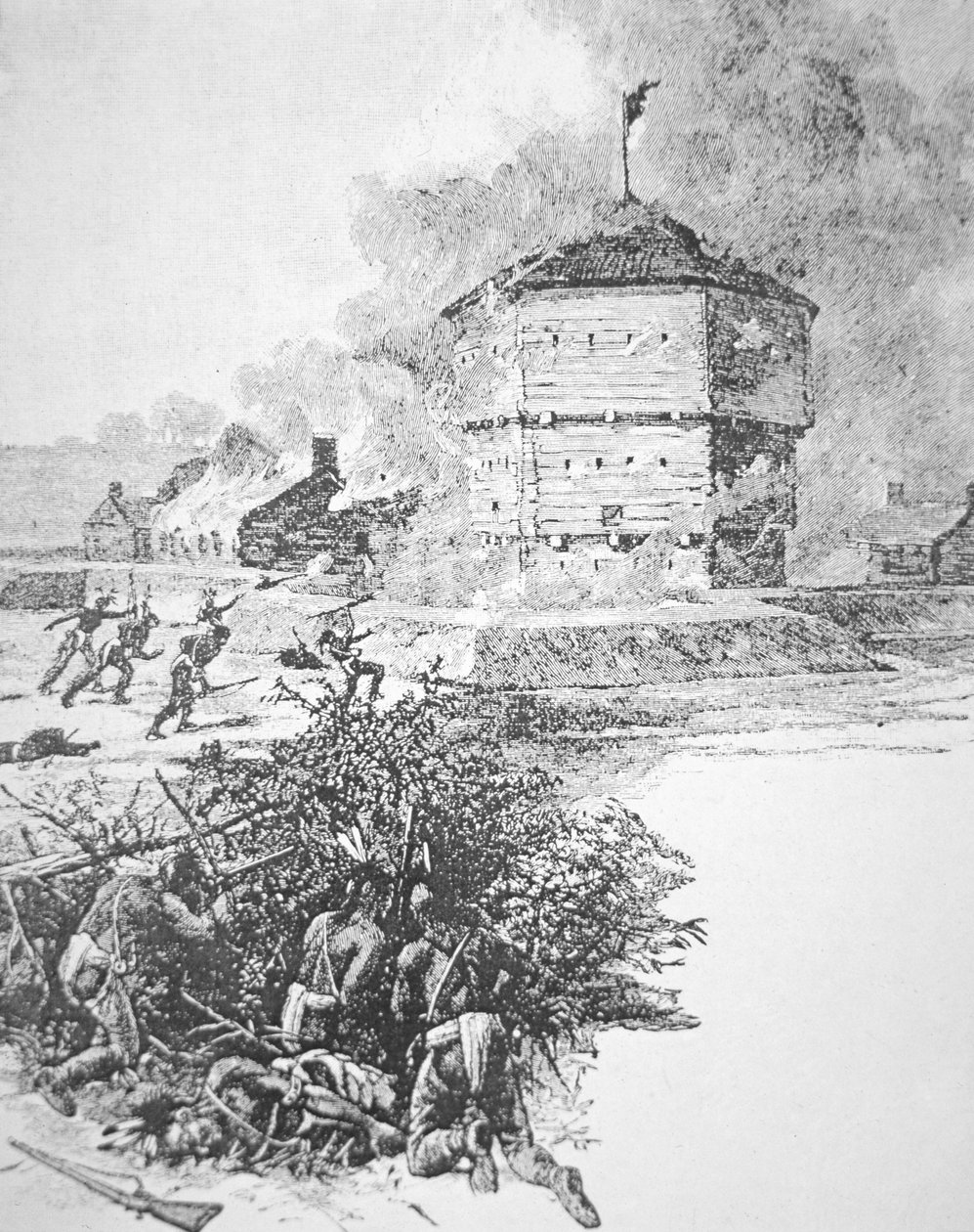 Beleiring av Fort Detroit av Pontiac, sjef for Ottawa-stammen våren 1763 (litho) av School American
