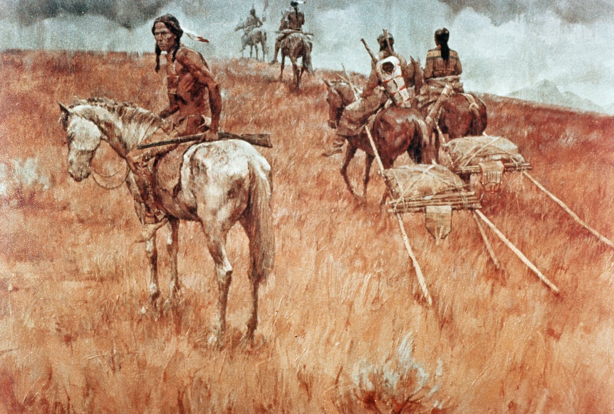 Sioux Indians on the Move (olje på lerret) av School American