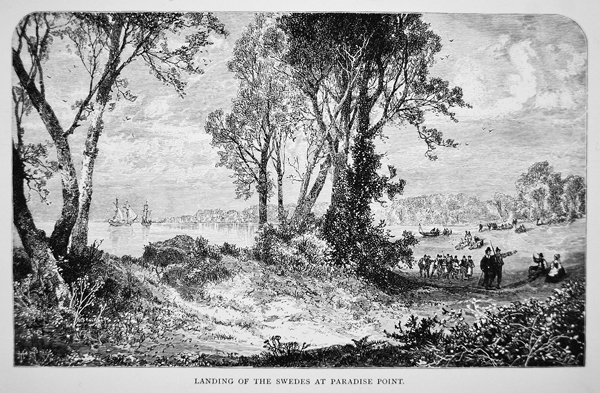 Svenske nybyggere lander ved Paradise Point ved Delaware-elven i 1638 (litho) av School American