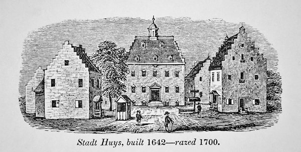 Den nederlandske Stadt Huys, New Amsterdam (New York), bygget i 1642 og rasert i 1700 (litho) av School American