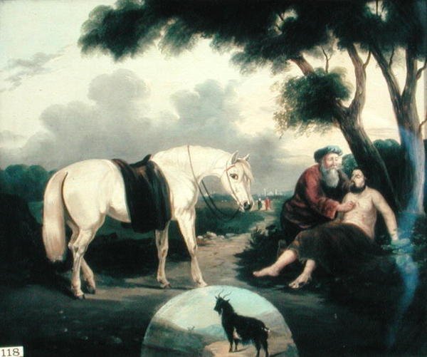 Den barmhjertige samaritan (olje på lerret) av School American