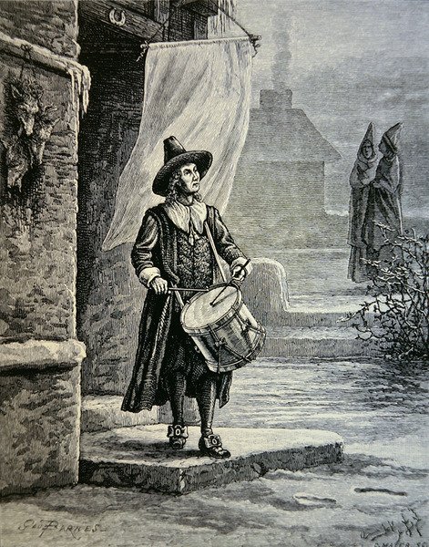 Puritanerens kirkeklokke var en trommeslager (litho) av School American