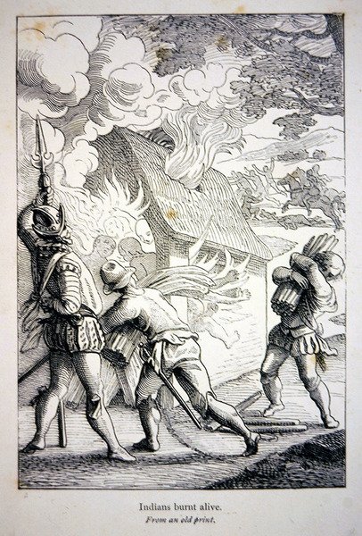 Spanjolene i Amerika brenner en indisk landsby (litho) av School American