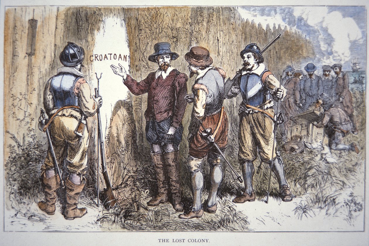Den tapte kolonien Roanoke (farge litho) av School American