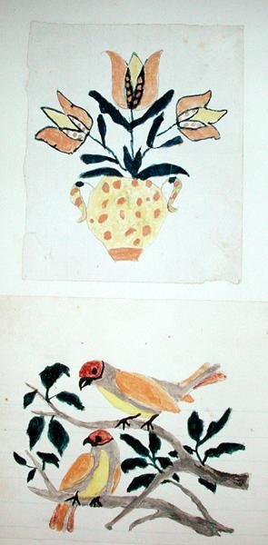 Vase med tulipaner og to fugler i et tre (akvarell på papir) av School American