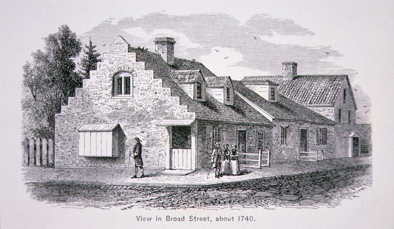 Utsikt over Broad Street, New York City ca. 1740 (litho) av School American