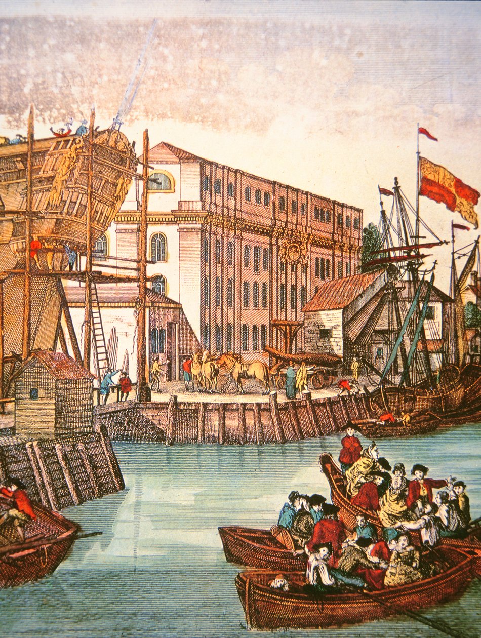 Utsikt over New York havn på midten av 1700-tallet (farge litho) av School American