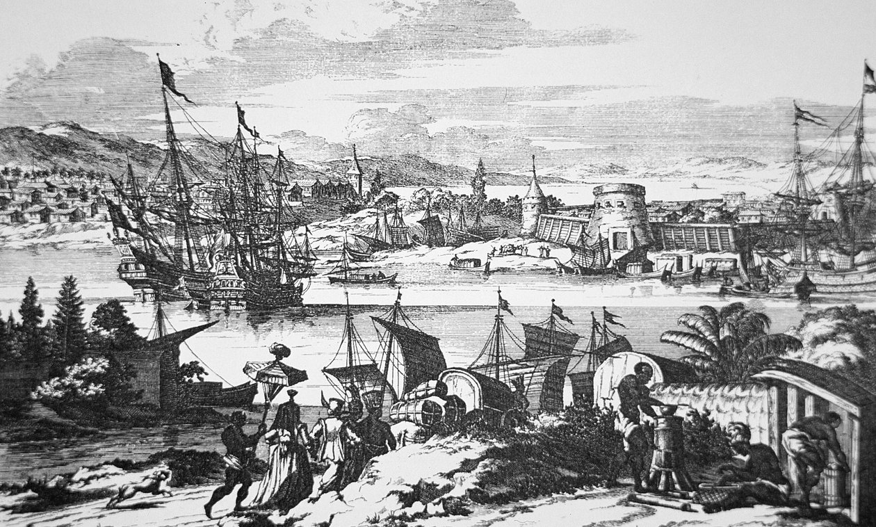 Utsikt over St. Augustine, Florida på 1600-tallet (litho) av School American