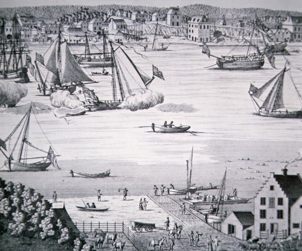 Utsikt over East River, New York ca. 1750 med et skipsbyggingssenter (litho) av School American