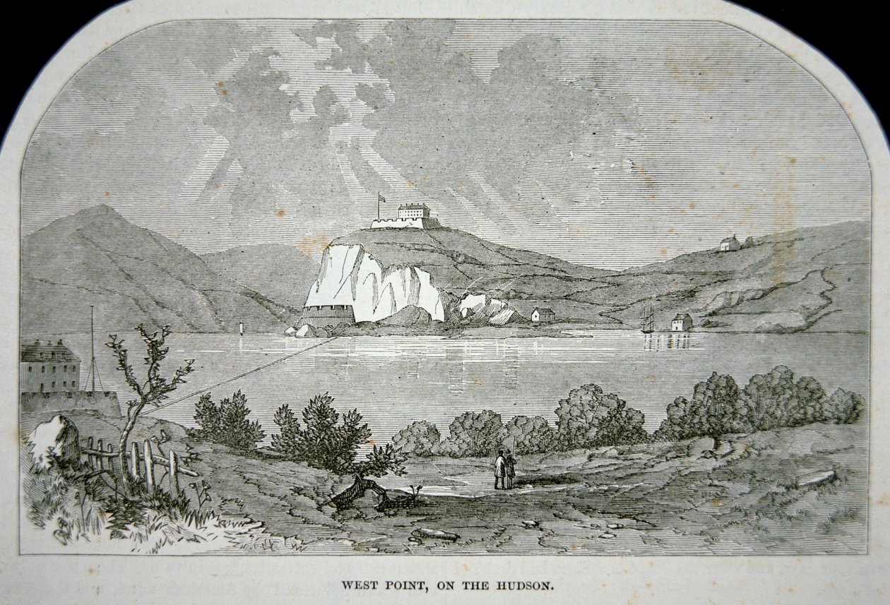 West Point, nøkkelfortet som Benedict Arnold planla å levere til britene under uavhengighetskrigen (litho) av School American