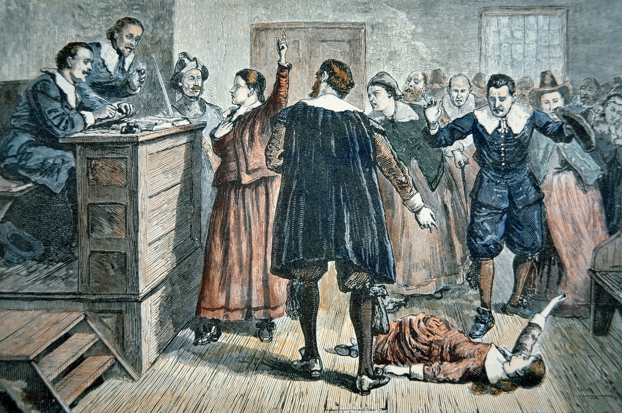 Witches of Salem - en jente forhekset ved en rettssak i 1692 (farge litho) av School American