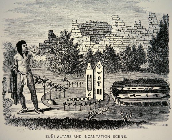 Zuni Tribesman blåser pollen over en Pueblo-helligdom (gravering) av School American