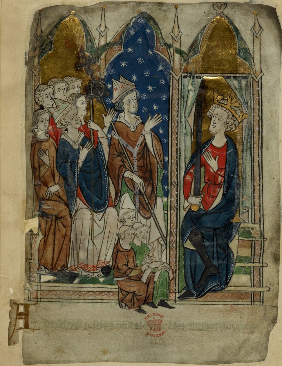 Cotton Vitellius A. XIII f.6v kong Edward I sittende sammen med hoffet og funksjonærene hans, fra 