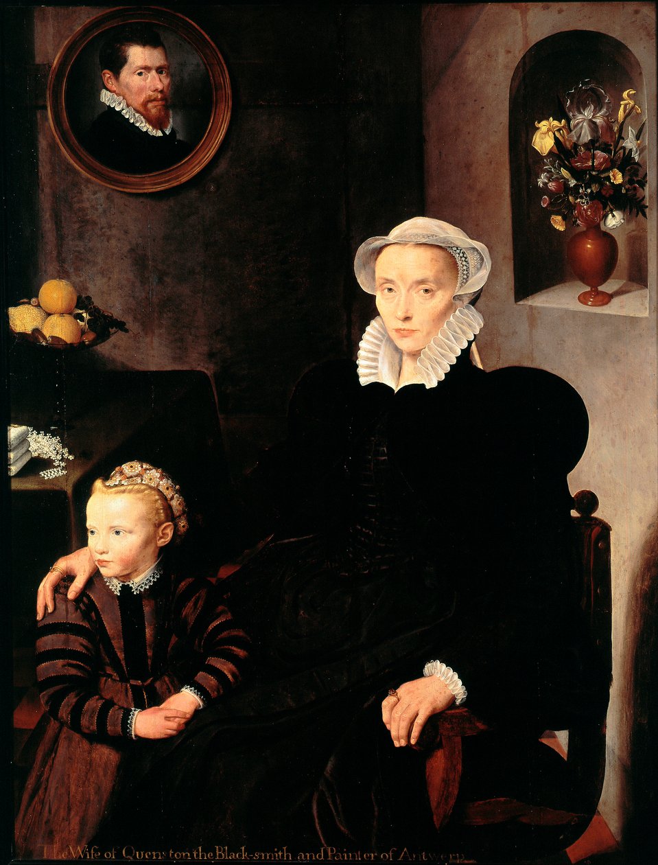 Portrett av kona til smeden og maleren fra Antwerpen Quenston med sitt barn Moren kledd i svart, bærer krage og hodeplagg. Maleri av skolen i Antwerpen. 1576 Dim. 136x108 cm Paris, Musée du Louvre av School Antwerp