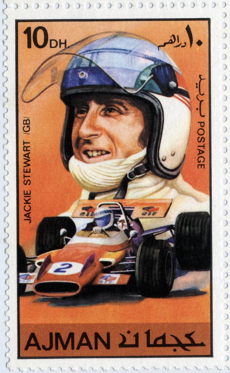 Emirates Arab Units-stempel som representerer den skotske bilføreren Jackie Stewart (Ne 1939) av School Arabic