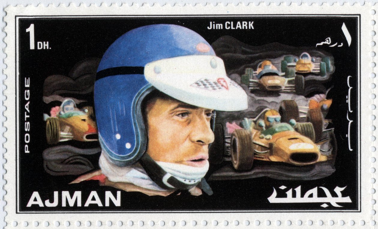 Emirates Arab Units-stempel som representerer den skotske bilføreren Jim Clark (1936-1968) av School Arabic