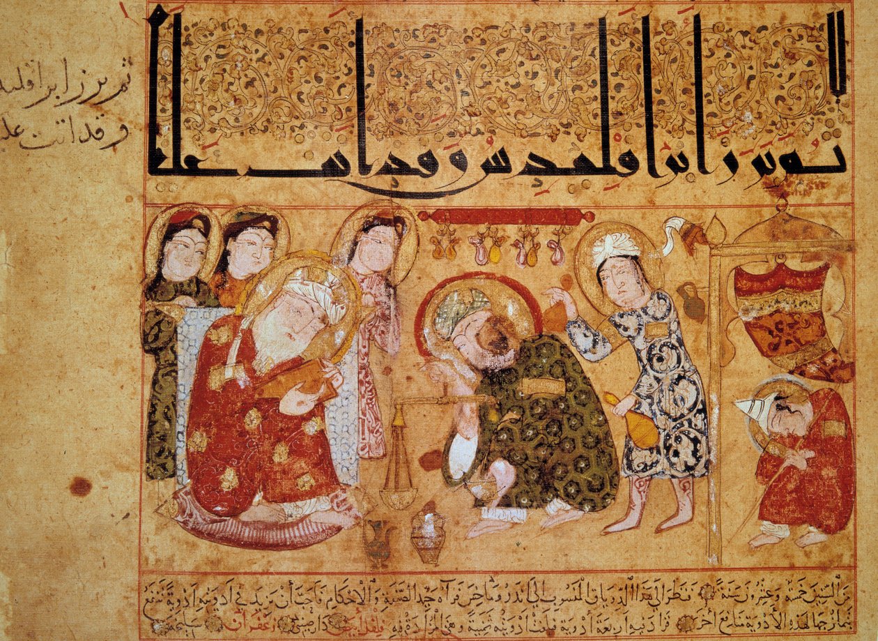 Heraclide av Taranto i apoteket. På 300-tallet oppfant den greske legen Galien theriade, som tvert imot var den første motgiften mot gift basert på valmuejuice. Miniatyr i "" Book of the Theriac (Kitab al-Diryaq)"" folio 17. av School Arabic