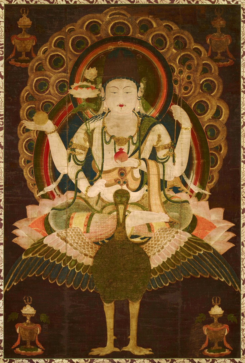 Buddhisme: ""Mahamayuri"" Rull fra 1100-tallet, maleri på silke - Størrelse 147,9x98,9 cm Japan Tokyo National Museum av School Asian