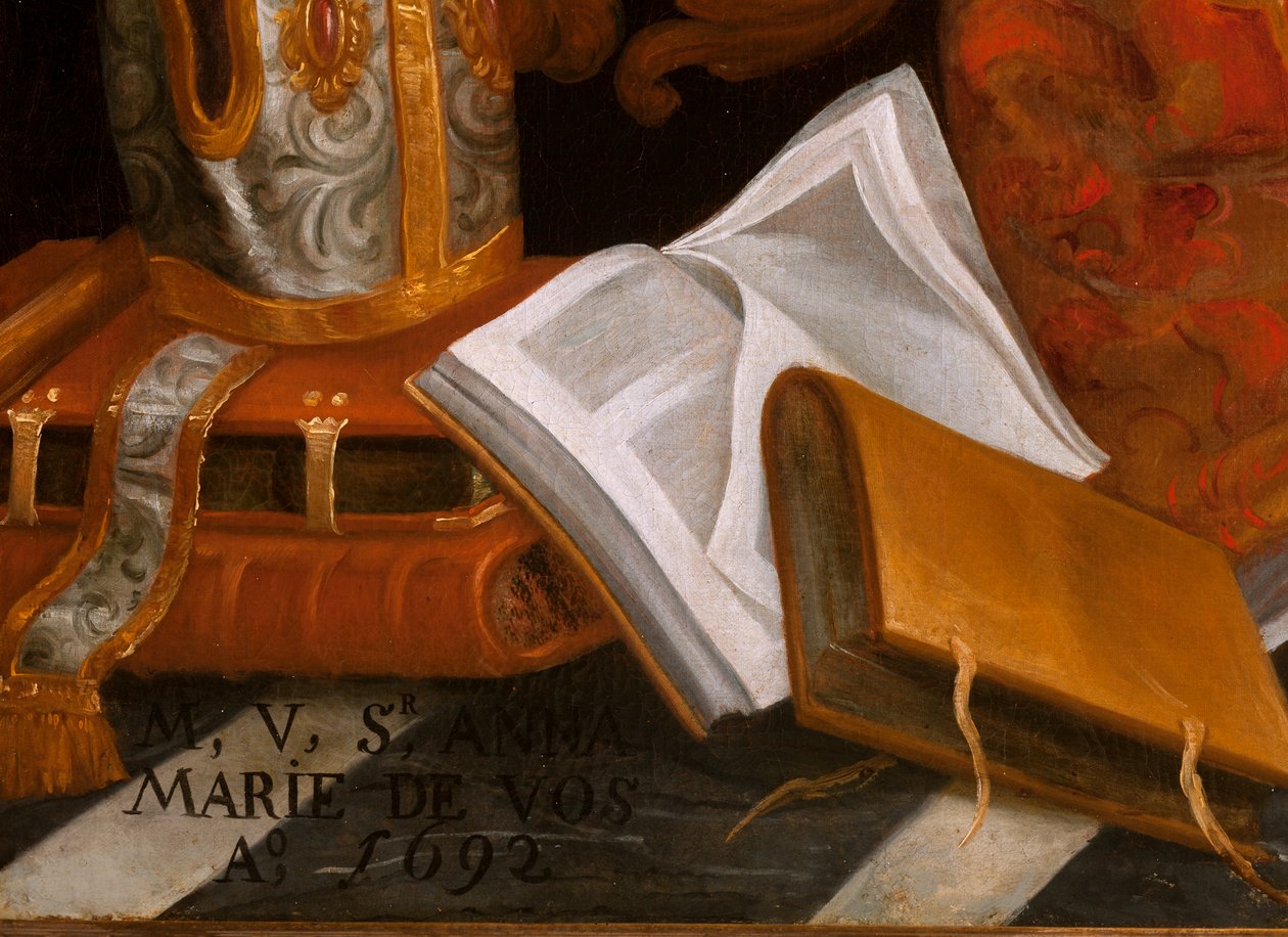Saint Augustine i tilbedelse av den hellige Maria av School Belgian