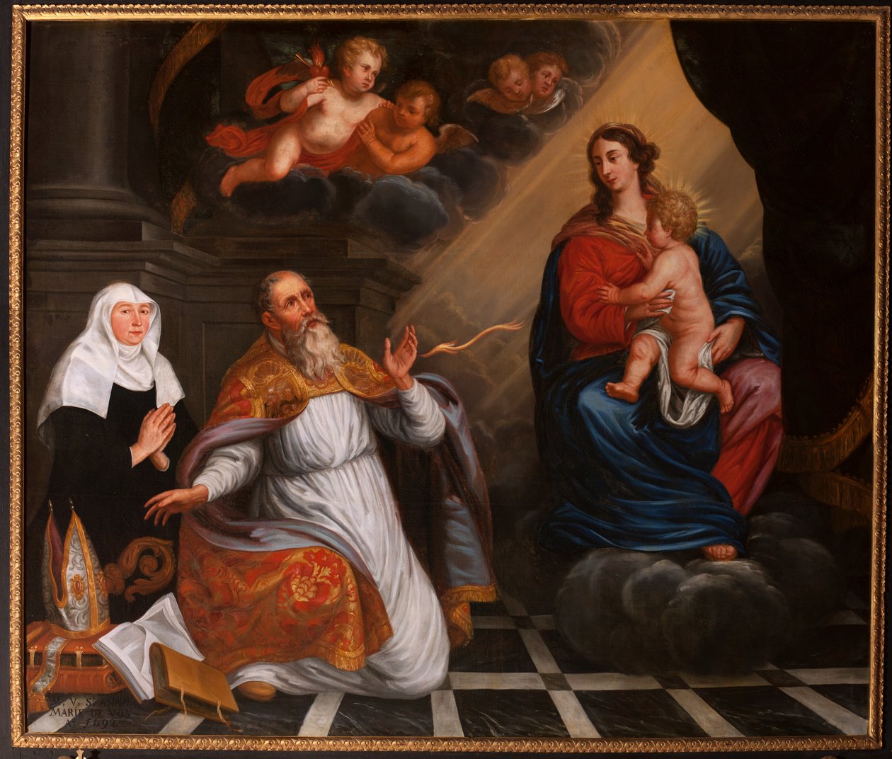 Saint Augustine i tilbedelse av den hellige Maria. 1692 (maleri) av School Belgian