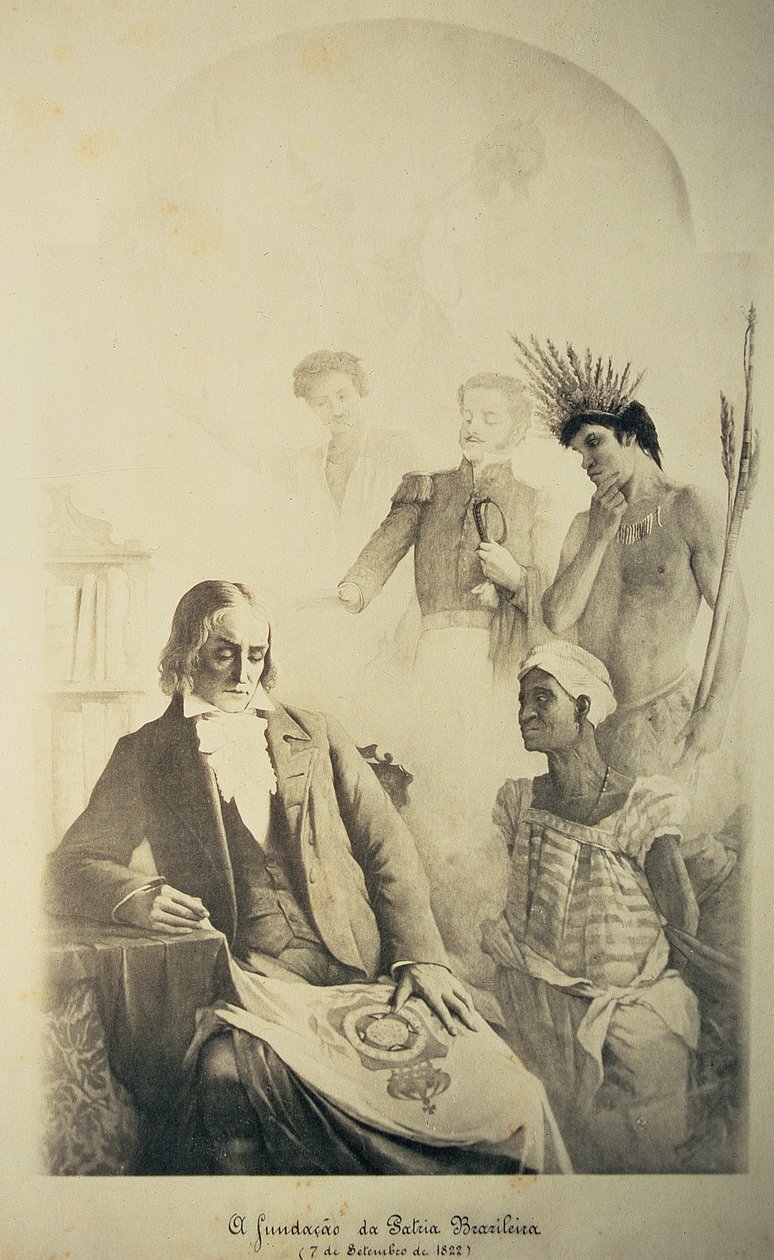 Grunnlegger av det brasilianske landet, 7. september 1822 - En allegori som representerer de tre rasene: den afrikanske slaven, den portugisiske og den innfødte indianeren med Jose Bonifacio (1763-1838) og Pedro I (1793-1834) av School Brazilian
