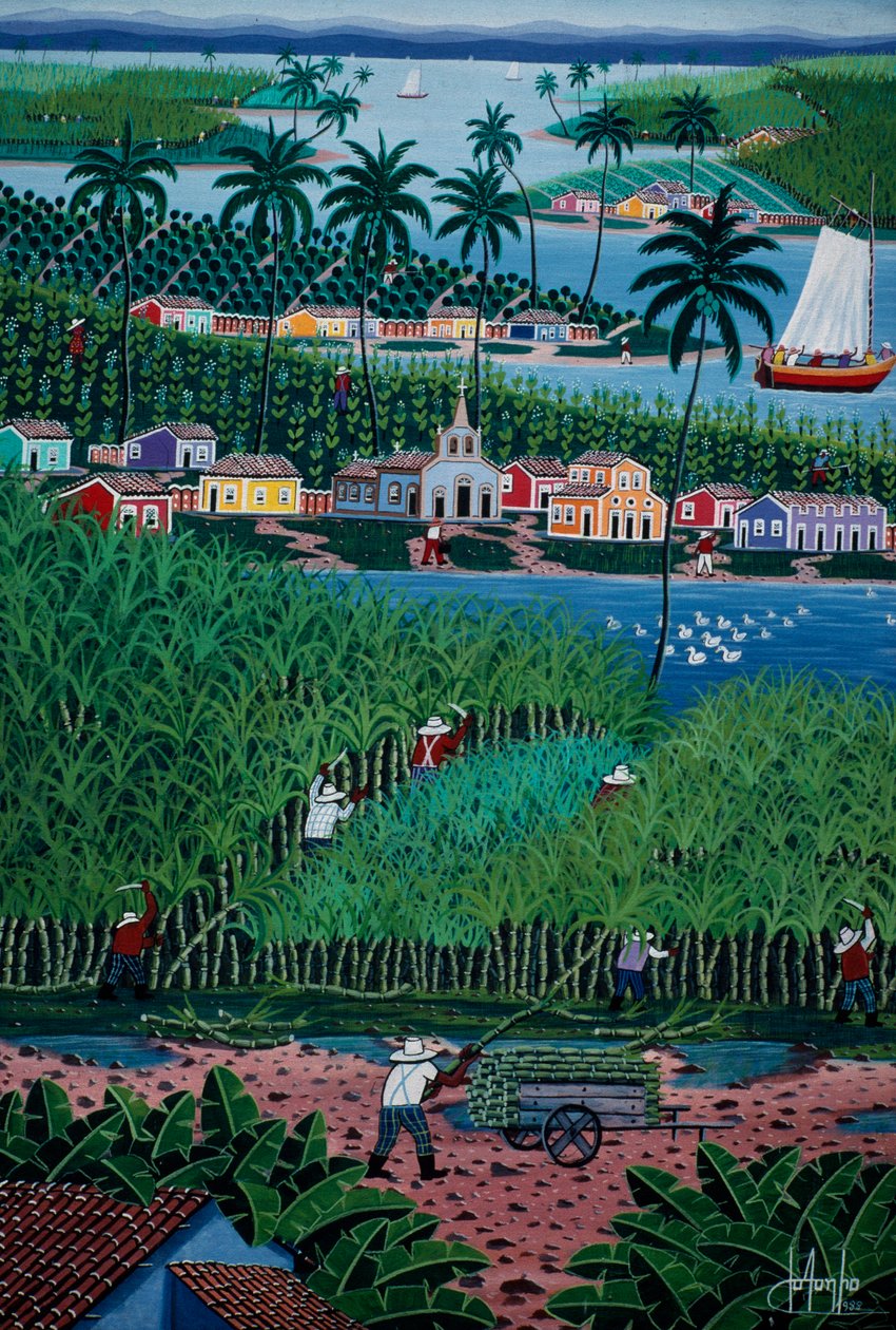 Naivt kunstmaleri som viser bambushøsting, Bahia State, Brasil av School Brazilian