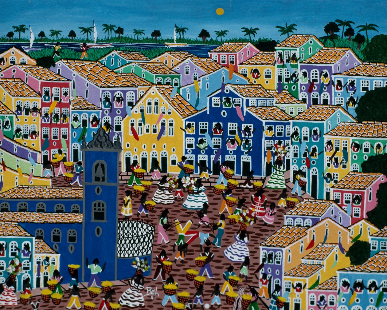 Naivt kunstmaleri som viser markedet, Bahia State, Brasil av School Brazilian
