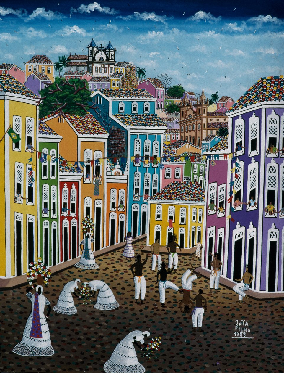 Naivt kunstmaleri som viser gatebilde, delstaten Bahia, Brasil av School Brazilian