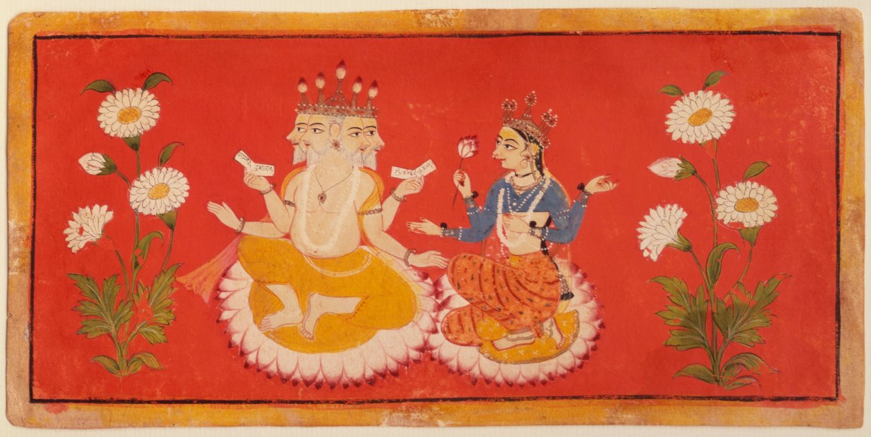 Brahma sitter sammen med Saraswati Brahma som holder de fire vedaene og Saraswai holder et lotusblad, ca. 1650 (gouache) av School Bundi
