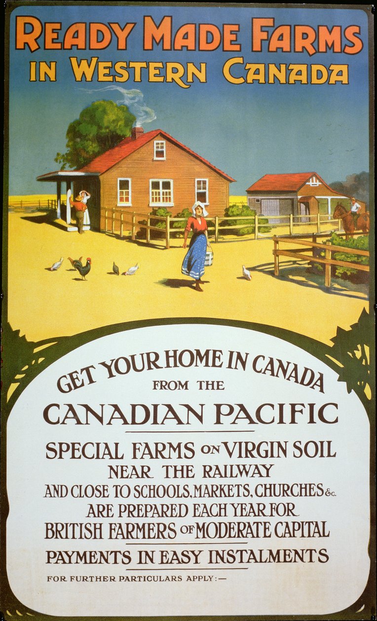Plakatreklame 'Ferdiggjorte gårder i Vest-Canada', ca. 1900 (litho-farge) av School Canadian