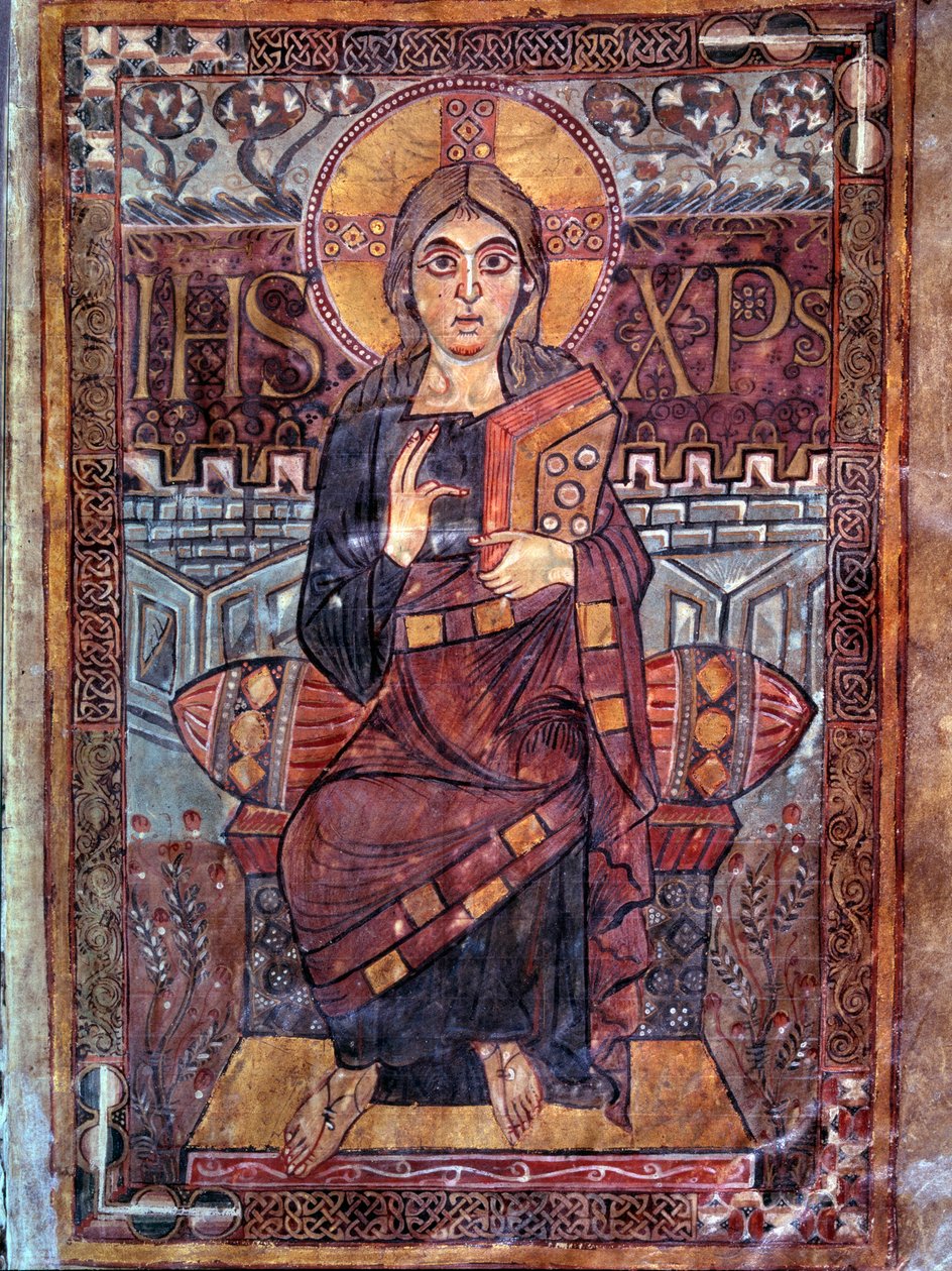 Karolingisk kunst: Kristus i majestet (i herlighet). Miniatyr fra manuskriptet "Evangeliaire de Godescalc, Ecole du Palais de Charlemagne"" (folio 3) kopi av Godescalc fra skattkammeret til Saint-Sernin de Toulouse, Bibliotheque du Louvre, 781-783. BN, Par av School Carolingian