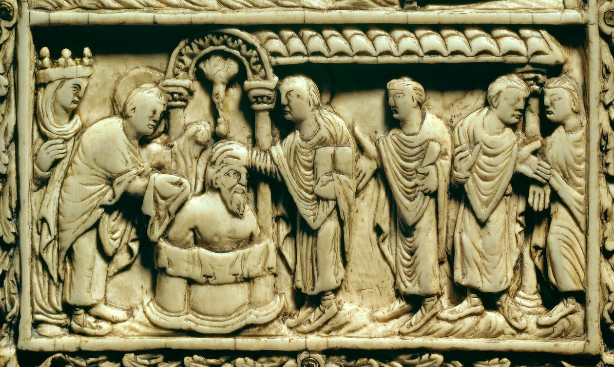 Karolingisk kunst: detalj: dåpen til Clovis I (466-511) i nærvær av dronning Clothilde 25.12.498. 9. århundre. Amiens, Picardie-museet. av School Carolingian