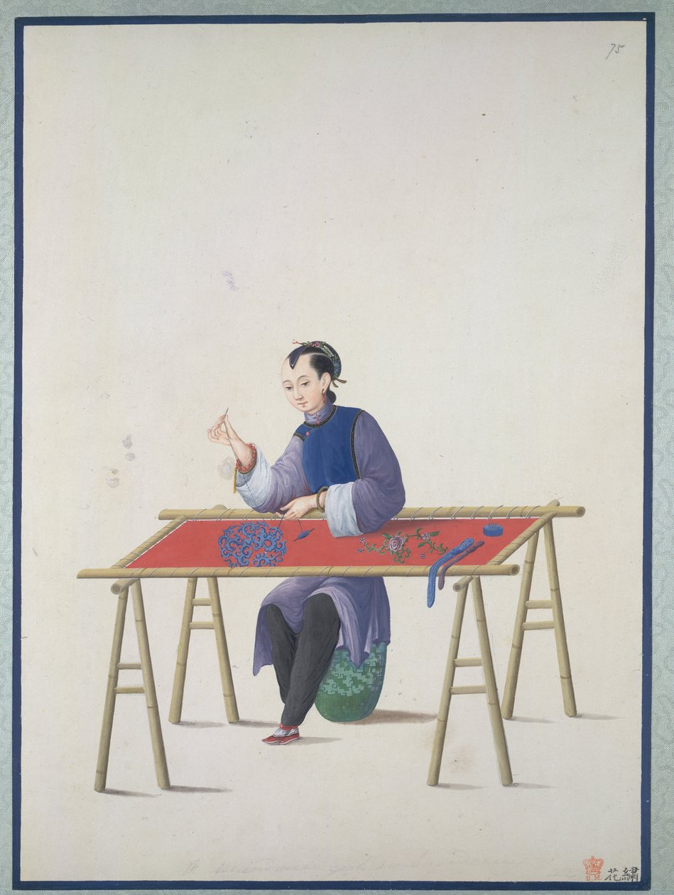 En kvinne som broderer, ca. 1800 (akvarell på papir) av School Chinese