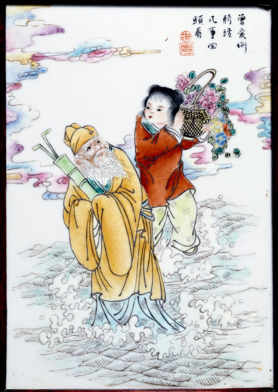 Allegori om våren En kvinne som holder en kurv med blomster og en gammel mann som går i sprayen. Maleri på anonymt porselen, Kina av School Chinese