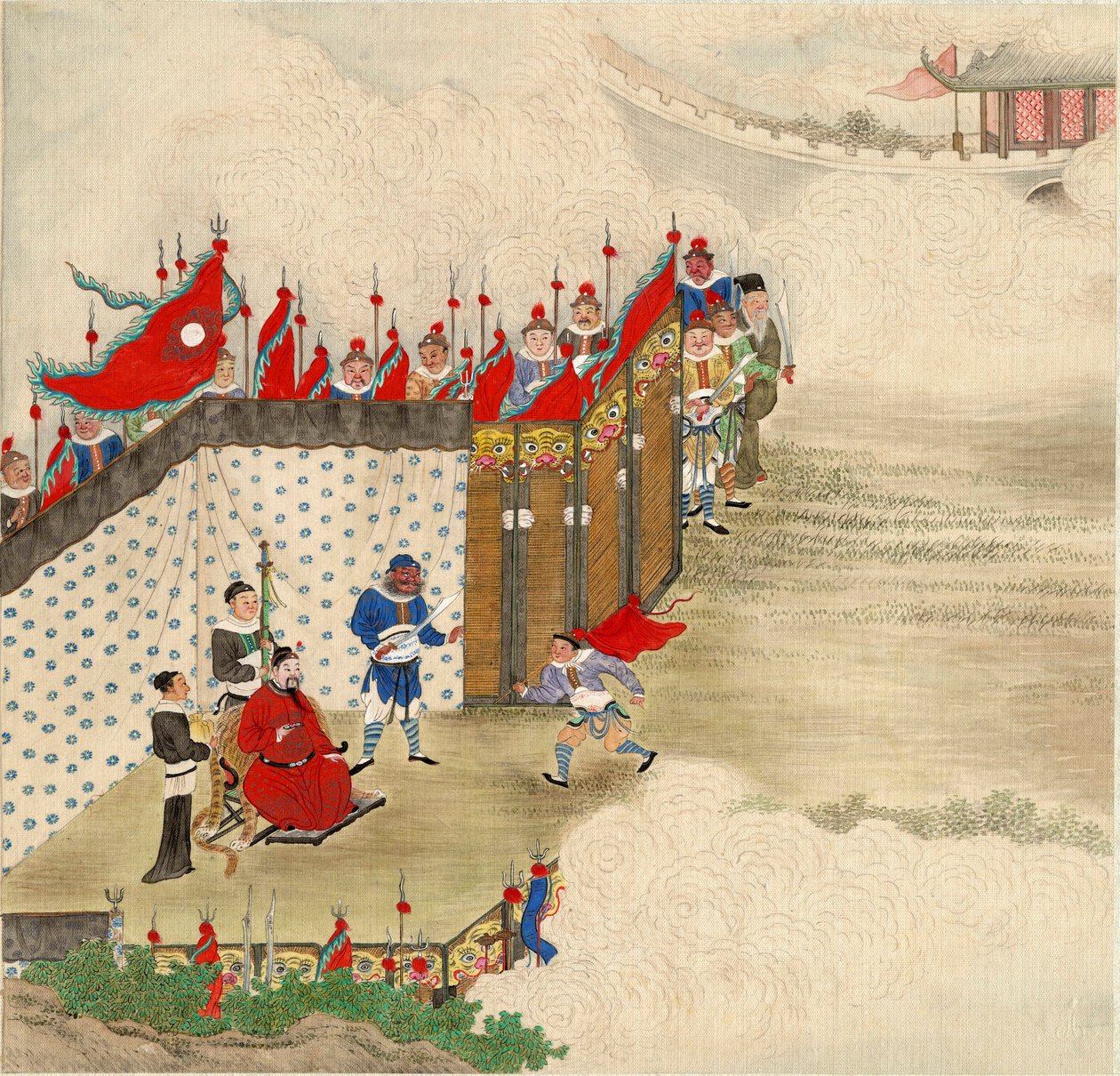 Kinesisk kunst: en kinesisk prins som mottar en budbringer Distemper på silke fra den kinesiske skolen rundt 1820 Dim 24,6 x 23,7 cm Privat samling av School Chinese