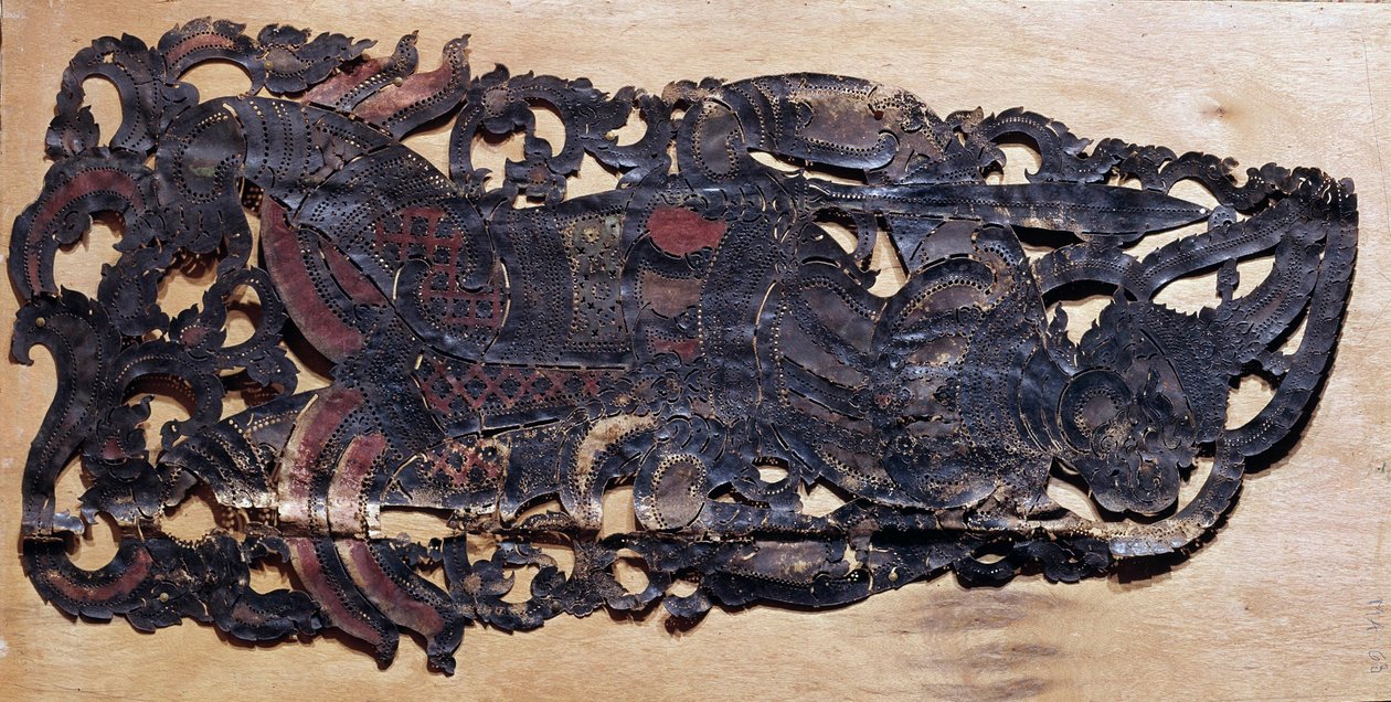 Kinesisk kunst: biffskinn kuttet for spill av kinesiske skygger under teaterforestillinger fra Nang-tiden. Paris, Guimet Museum, Asian Arts Museum av School Chinese