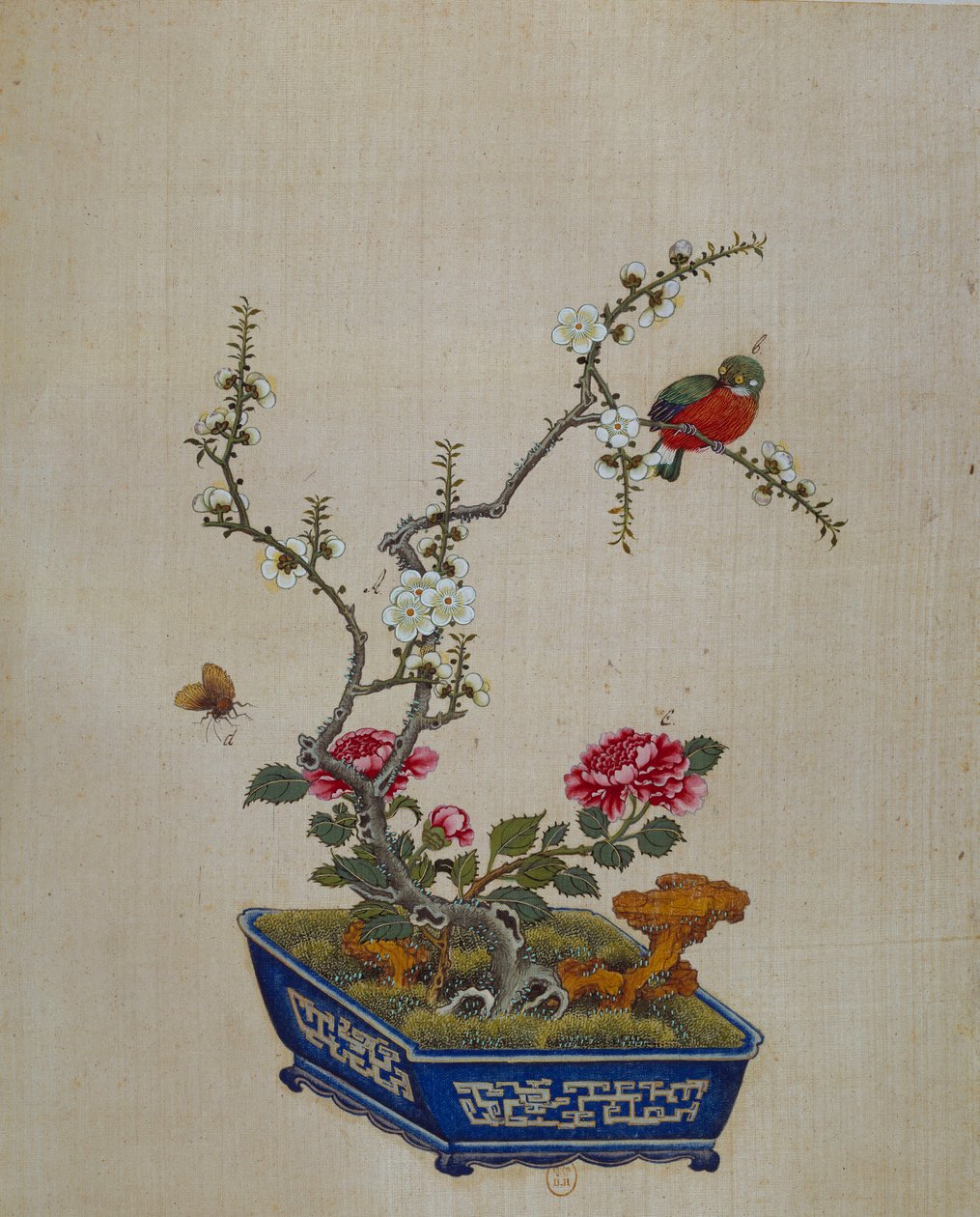 Kinesisk kunst: blomster og fugler (bonzai). Silkemaleri fra 1700-tallet. Paris, B.N. av School Chinese