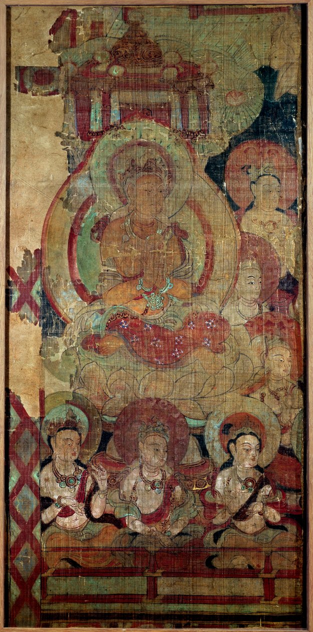 Kinesisk kunst: gruppe Boddhisatvas (eller Bodhisatvas). silke maleri. 10. århundre-dynastiet Touen Houang, Musee des Arts Asians de Guimet, Paris. av School Chinese