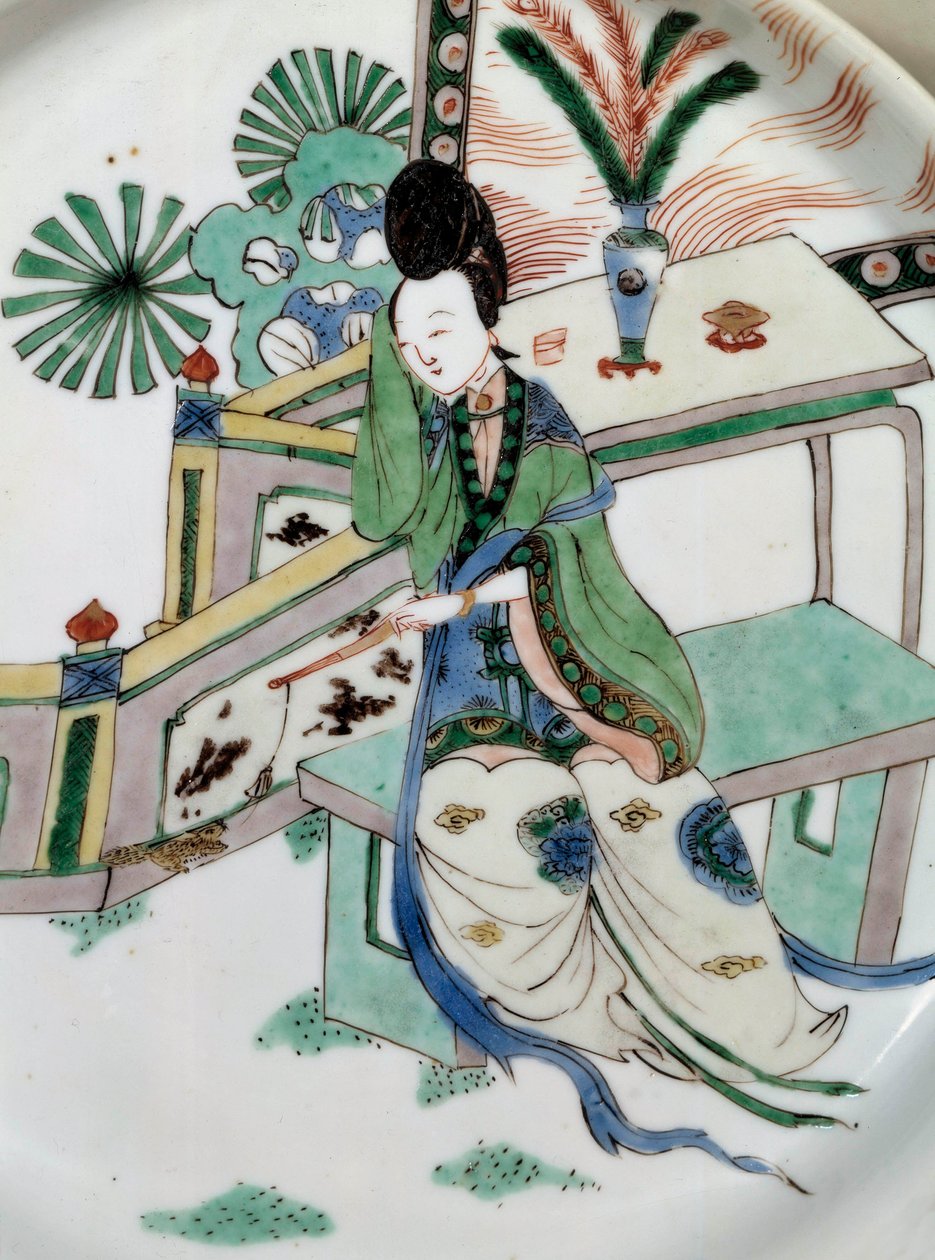 Kinesisk kunst: damen revers på en benk. Maleri på porselen fra 1700-tallet. Paris, Guimet-museet, Nasjonalmuseet for asiatisk kunst av School Chinese